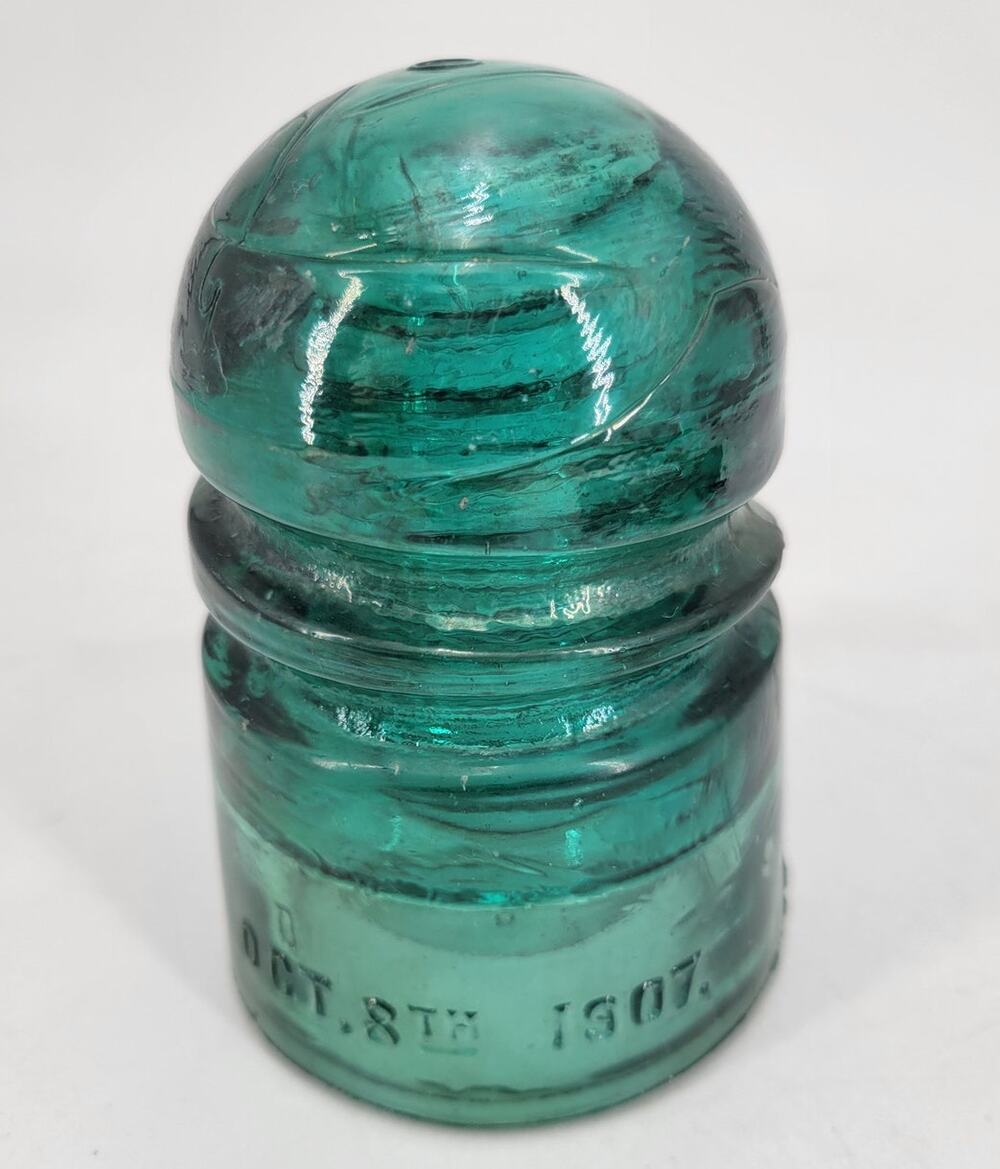 Brookfield CD 147 Spiral Groove Green Aqua Glass Insulator with Peg